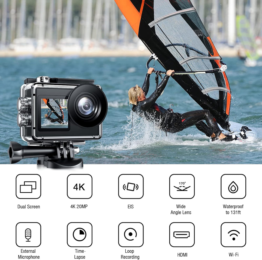 4K 20MP Dual Screen Waterproof Action Camera with Touch Screen and 2 Batteries Z775849