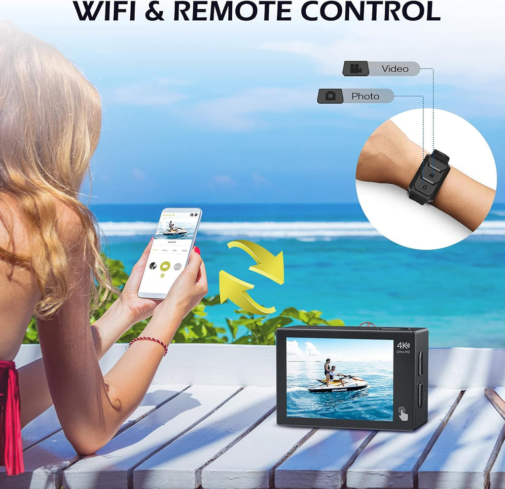 4K 20MP Dual Screen Waterproof Action Camera with Touch Screen and 2 Batteries Z775849