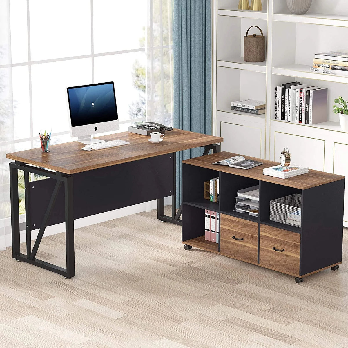 L-Shaped Computer Desk with File Cabinet and Storage Shelves H666384