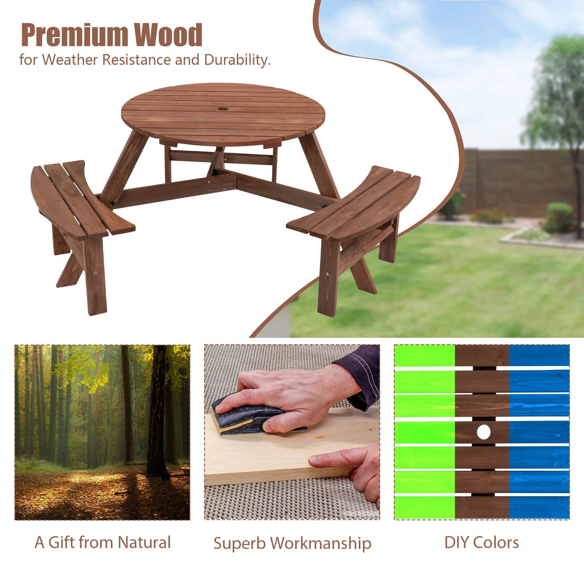 6-Person Outdoor Wooden Picnic Table with 3 Built-in Benches Y622478