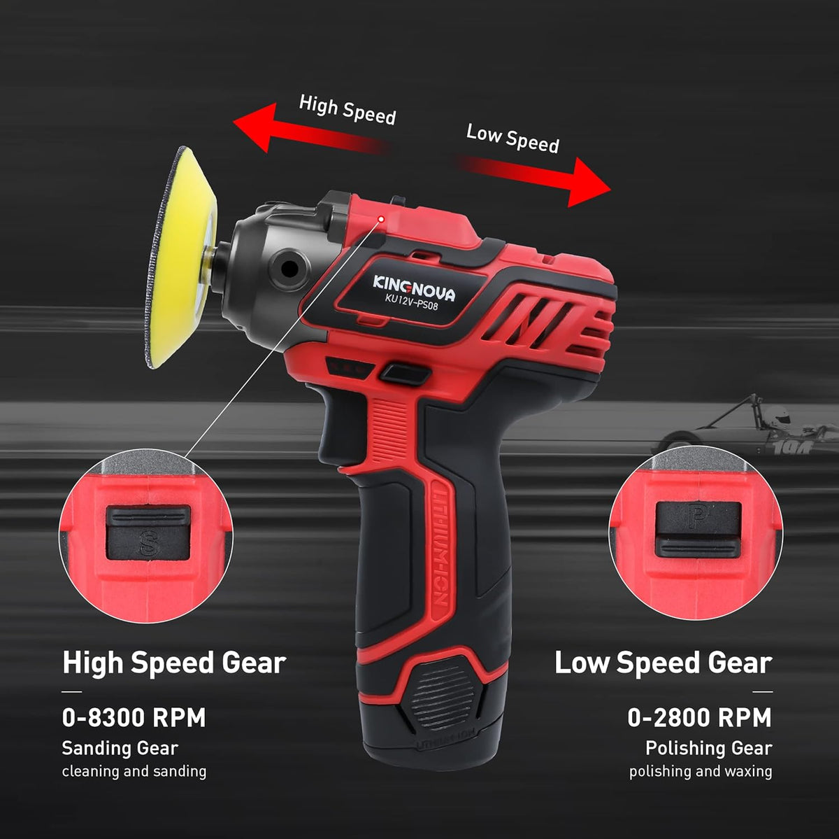 12V Cordless Buffer Polisher Variable Speed 2.0Ah Battery 0-2800/8300 RPM Mini Buffer F5672