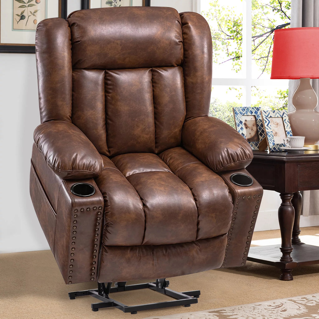 Brown Wide Breathable Leather Power Lift Recliner with Massage and Heat U943362