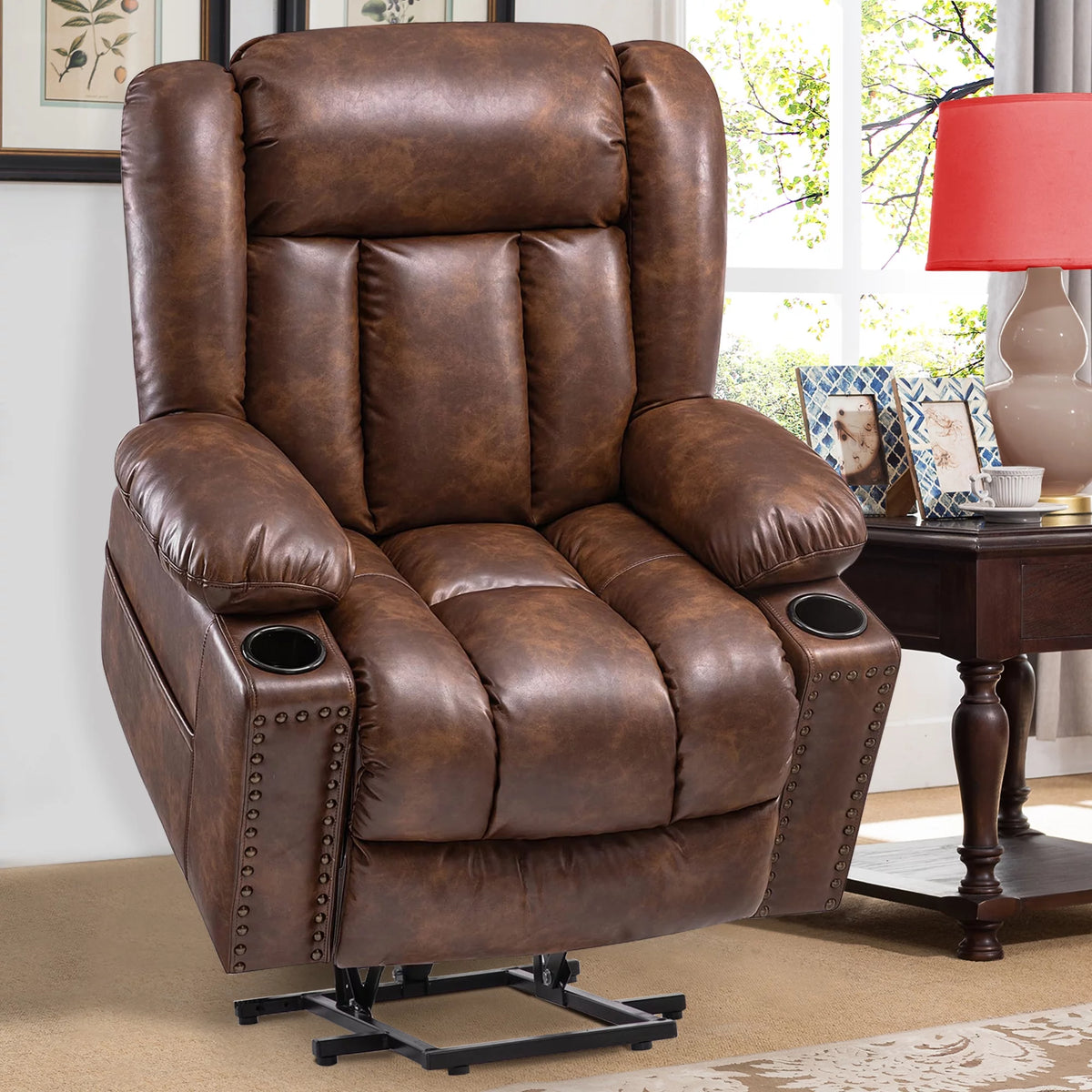 Brown Wide Breathable Leather Power Lift Recliner with Massage and Heat U943362