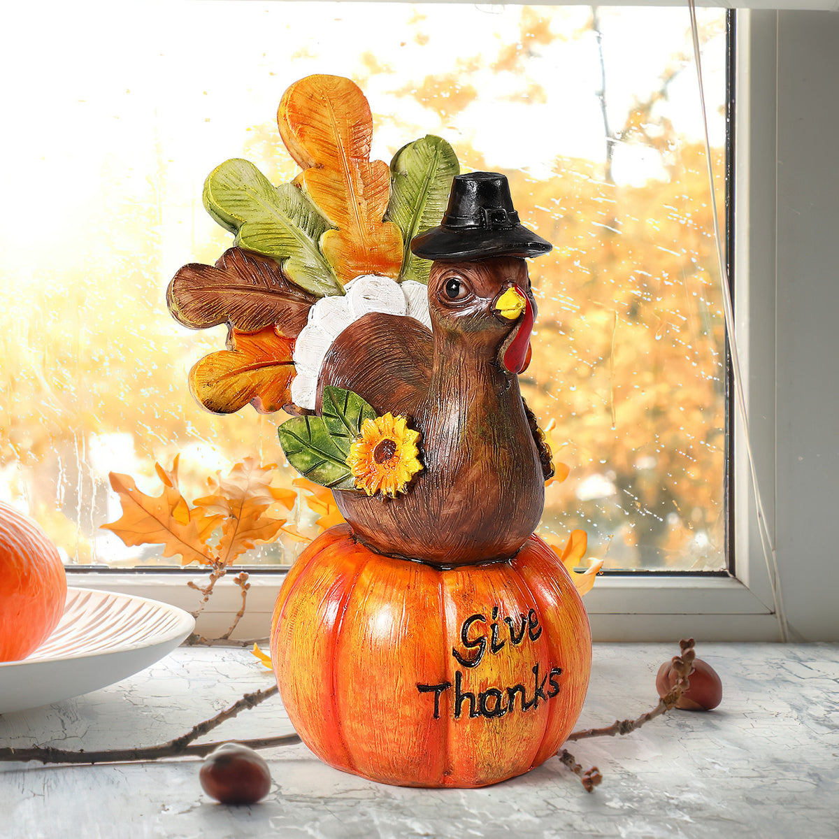 Hand-Painted Turkey Pumpkin Centerpiece Table Decoration with Artificial Maple Leaves Y3302