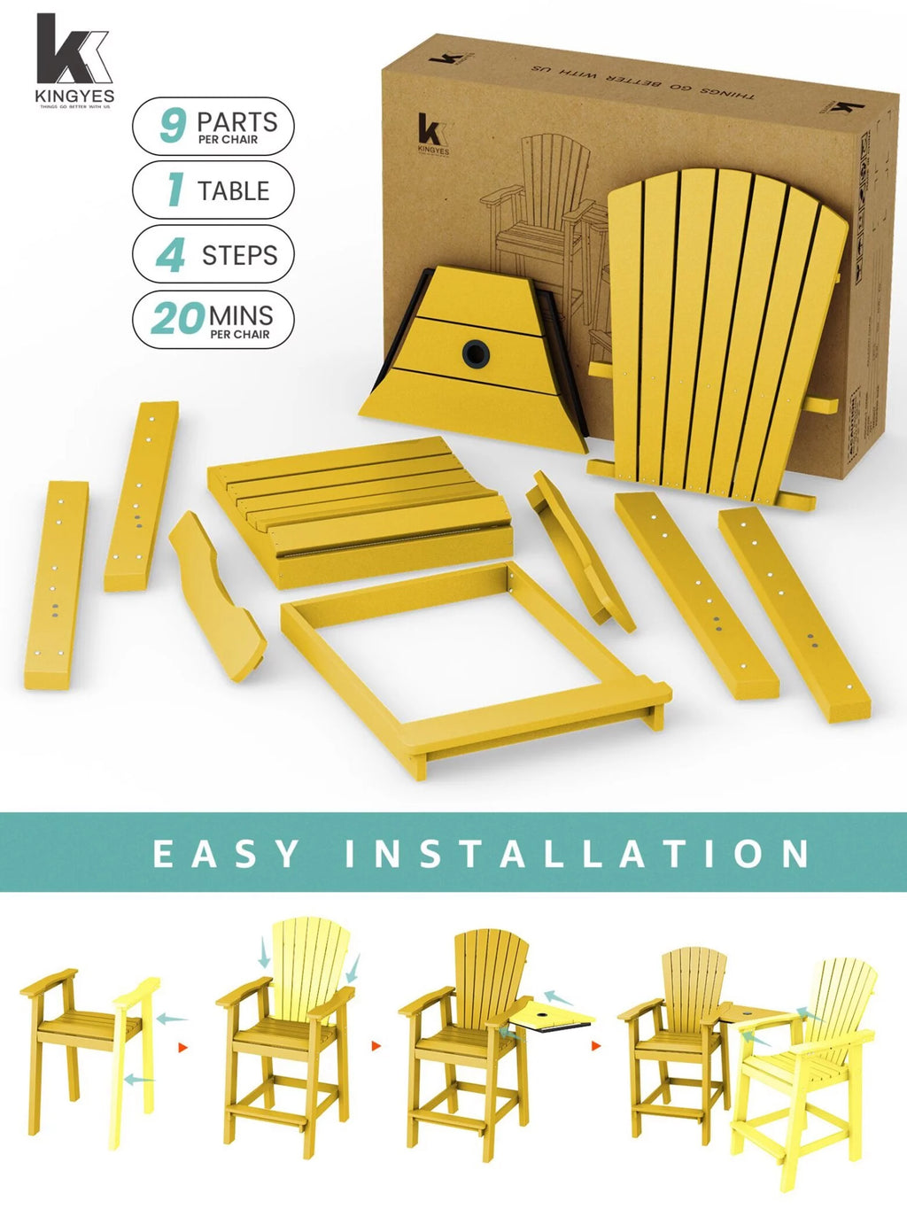 Tall Adirondack Chair Set with 2 Barstools and Connecting Tray U4696