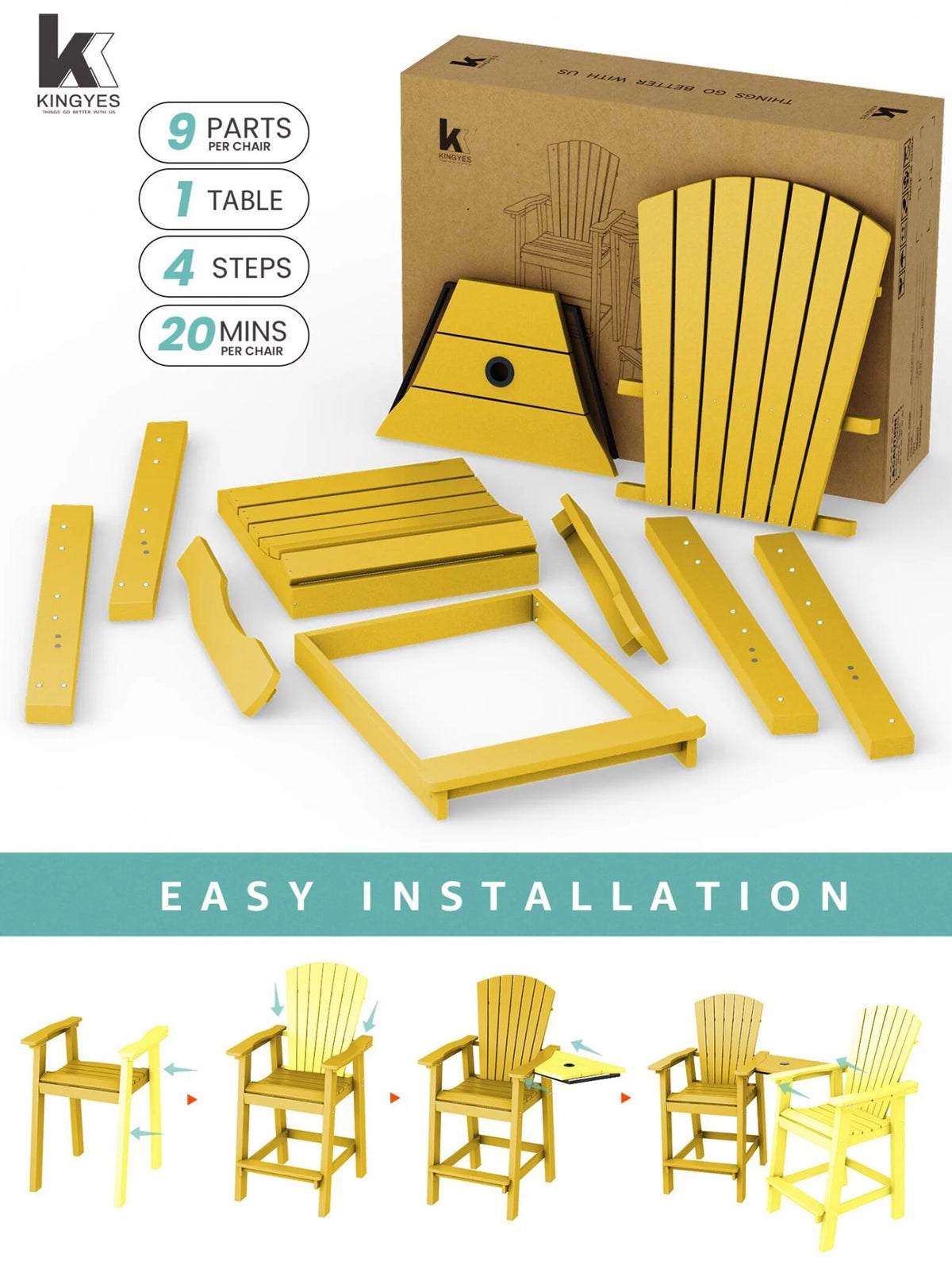 Tall Adirondack Chair Set with 2 Barstools and Connecting Tray U4696