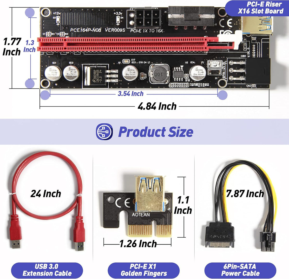 PCIE Riser Express Cable 1X to 16X with 24inches USB 3.0 Cable, 6 Pack G104066