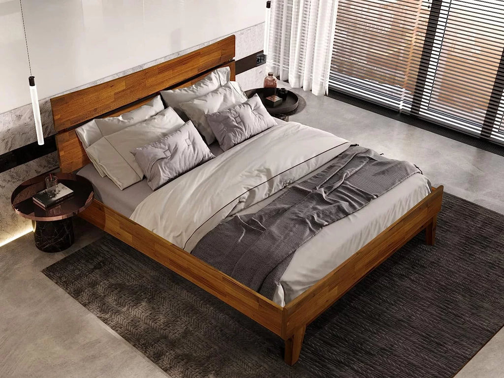 14 Inch Wood Platform Bed with Headboard Queen Size Caramel G578