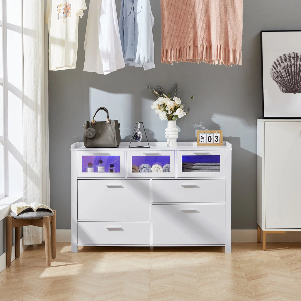 3-Piece Bedroom Set with 7 Drawers LED Dresser and 2 Nightstands, White Q447509