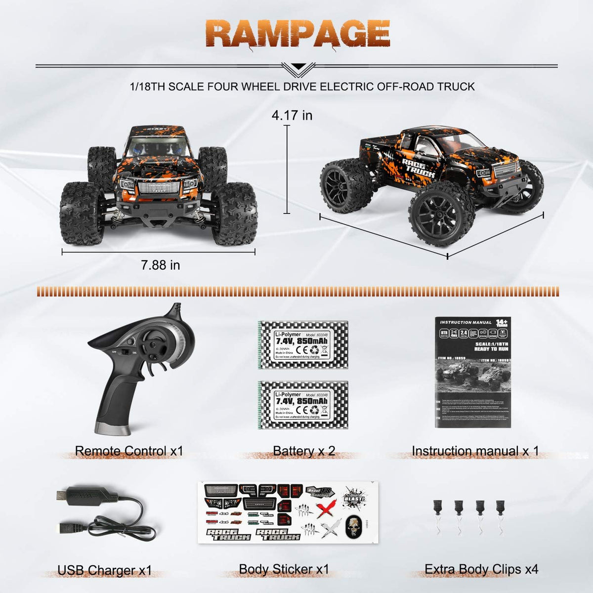1:18 Scale 4X4 Off Road Remote Control Truck with 2 Batteries A625