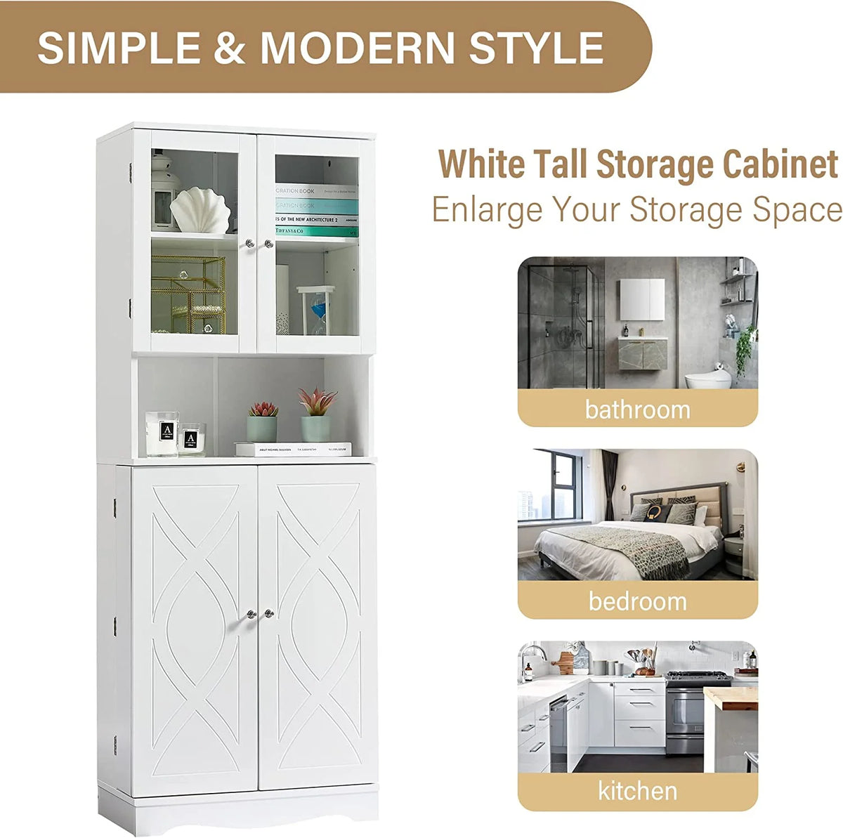 White Bathroom Storage Cabinet with Glass Doors and Adjustable Shelves Z169