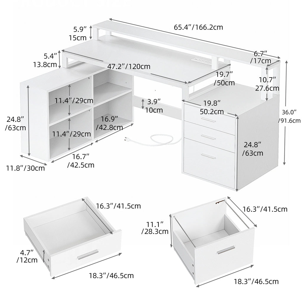 White L Shaped Desk with Power Outlets and Monitor Stand, 3 Drawers, 4 Open Storage Shelves W80917