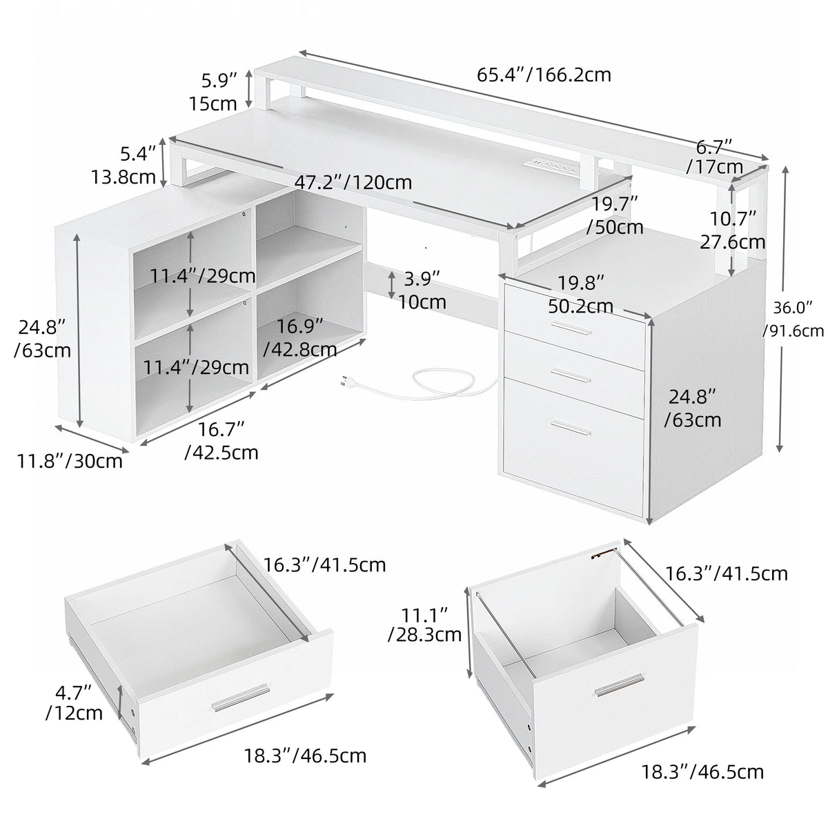 White L Shaped Desk with Power Outlets and Monitor Stand, 3 Drawers, 4 Open Storage Shelves W80917