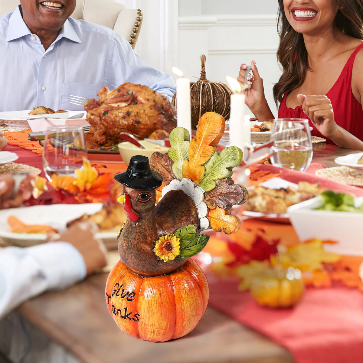 Hand-Painted Turkey Pumpkin Centerpiece Table Decoration with Artificial Maple Leaves Y3302