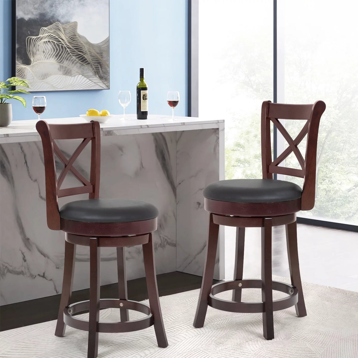 Brown PU Leather Swivel Bar Stools Set of 2 A3739