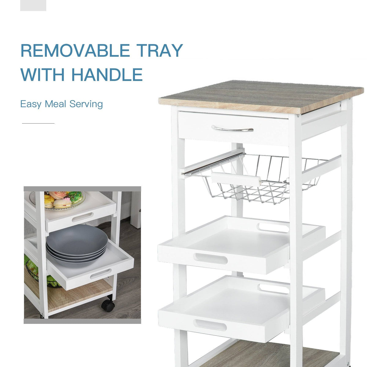 White Mobile Rolling Kitchen Island Trolley Serving Cart with Drawer and Wire Storage Basket P4691