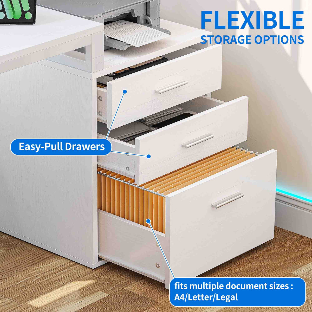 White L Shaped Desk with Power Outlets and Monitor Stand, 3 Drawers, 4 Open Storage Shelves W80917