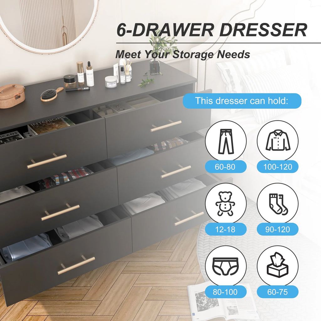 Black 6 Drawer Wood Dresser O735790
