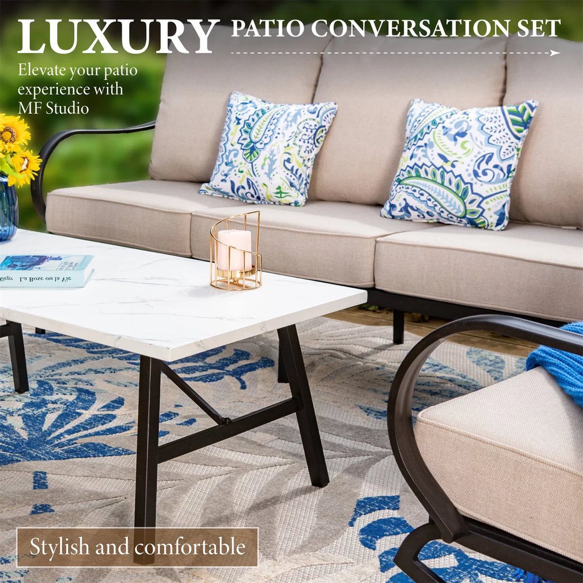 7-Seater Metal Patio Conversation Set with Rocking Sofa Beige Z53759