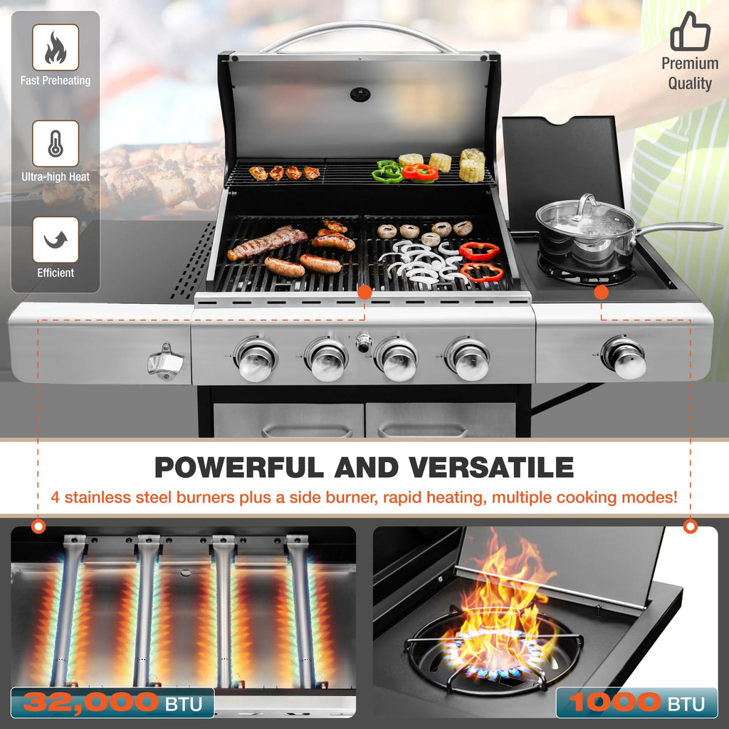 4-Burner Stainless Steel Propane Gas Grill with Side Burner C1696