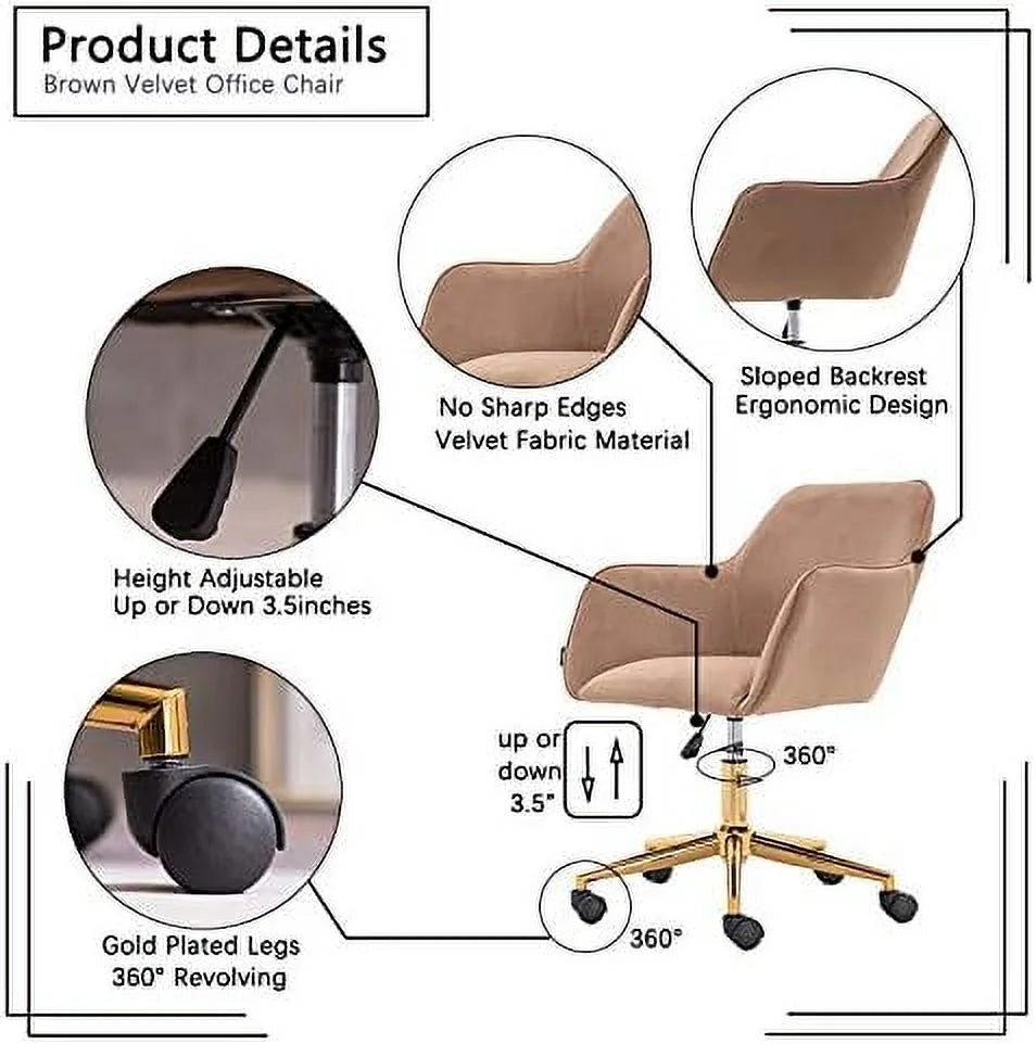Yellow Velvet Fabric Office Chair with Gold Metal Legs O140