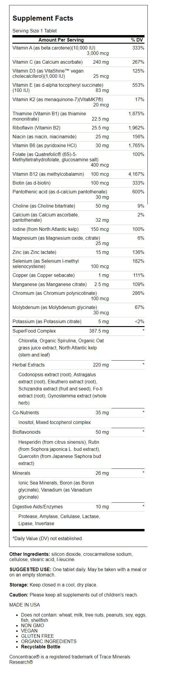 Whole Food Multivitamin with Superfoods Minerals Enzymes Vitamin D B12 Biotin 90 Tablets G6894